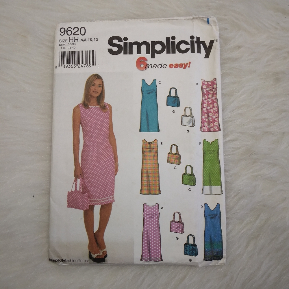 SIMPLICITY 9620 Sz 6-12 Misses Sleeveless Dress In 6 Variations And Purse